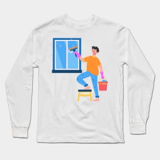 Hand Drawn "Boy Cleaning The Window" Long Sleeve T-Shirt